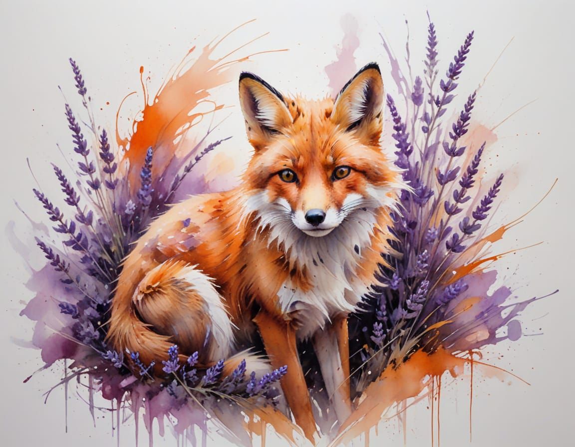 Majestic Red Fox in Lavender Field at Golden Hour