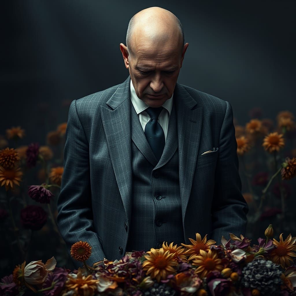 Melancholic Man in Suit with Flowers: Hyperrealistic Portrai...