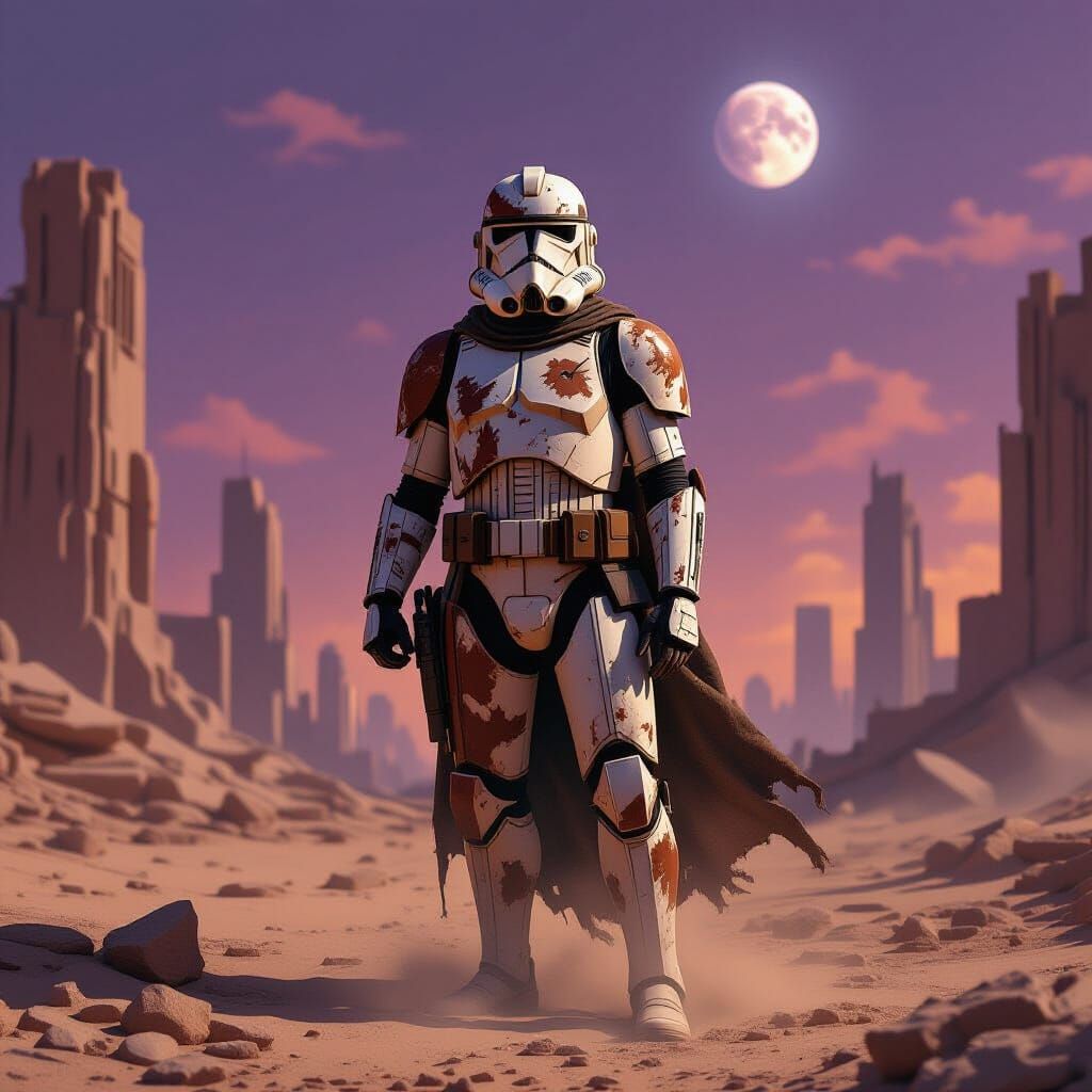 Clone Trooper in Alien City Ruins, Photorealistic Style