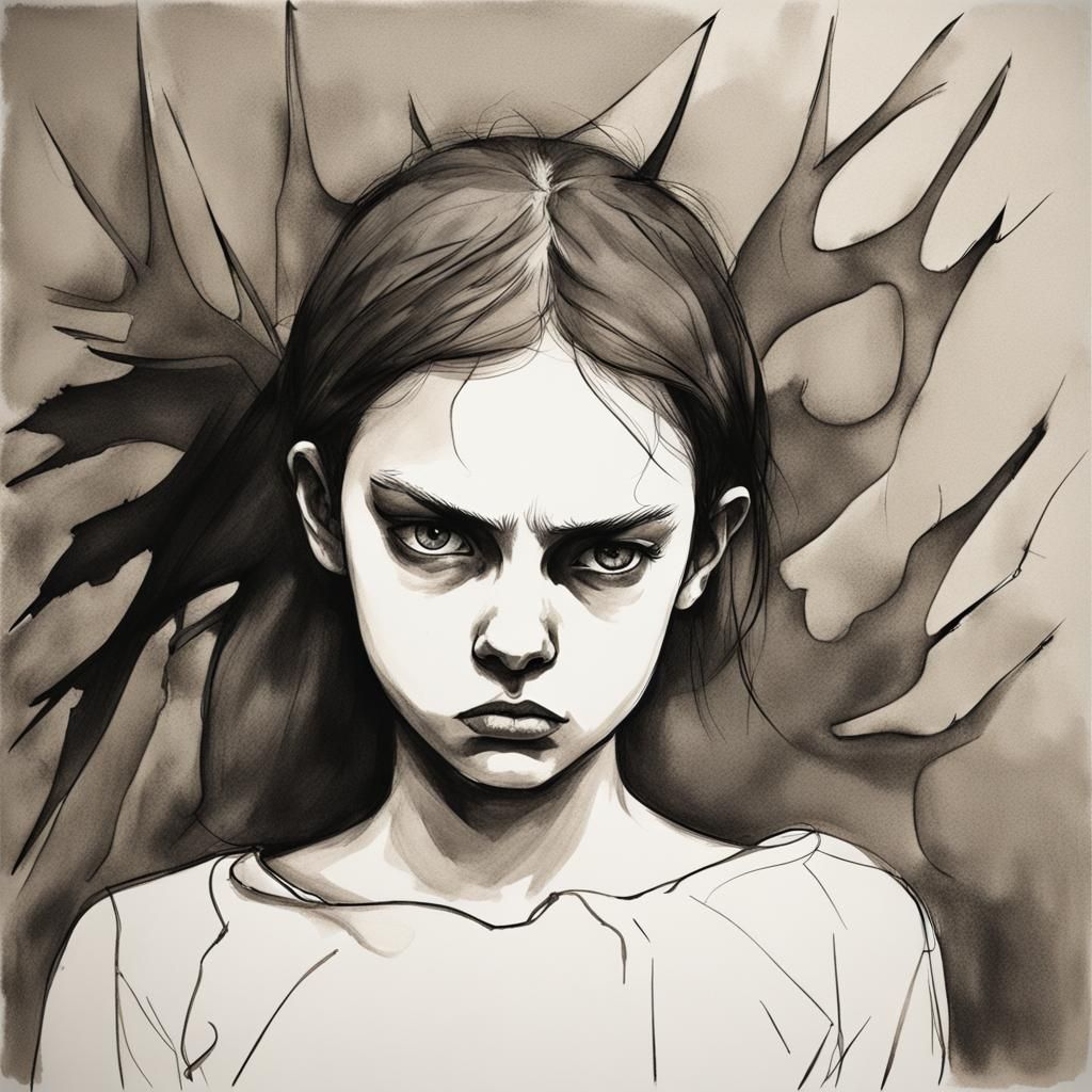 Minimalist Grisaille Drawing of an Angry Chestnut Girl