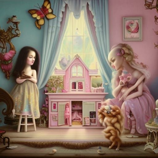 Friends Playing in Dollhouse as Pop Surrealism