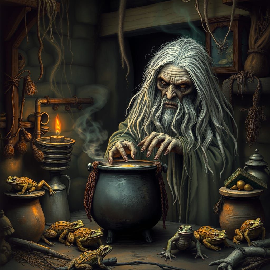 Mystical Witch Brews Potion in Haunting Workshop