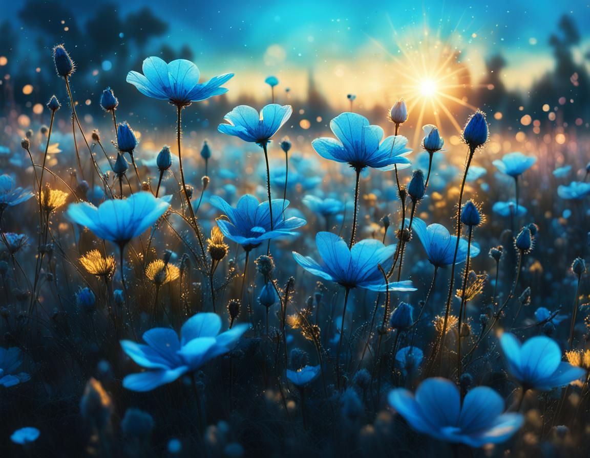 Bioluminescent Flowers at Sunrise in Surrealist Style