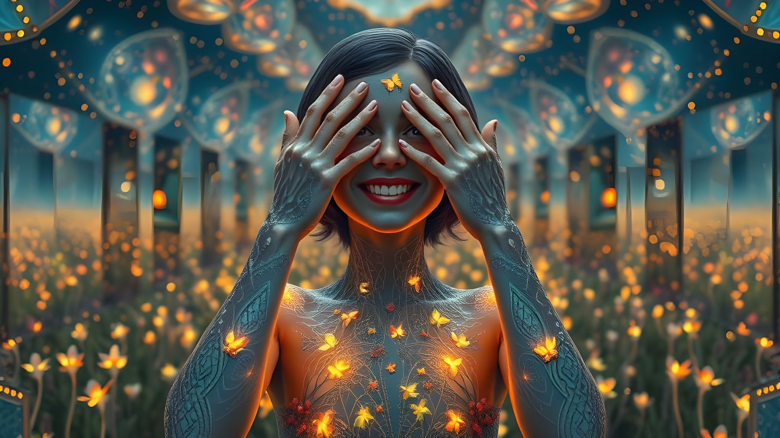 Surreal Firefly Woman in Mirror Field