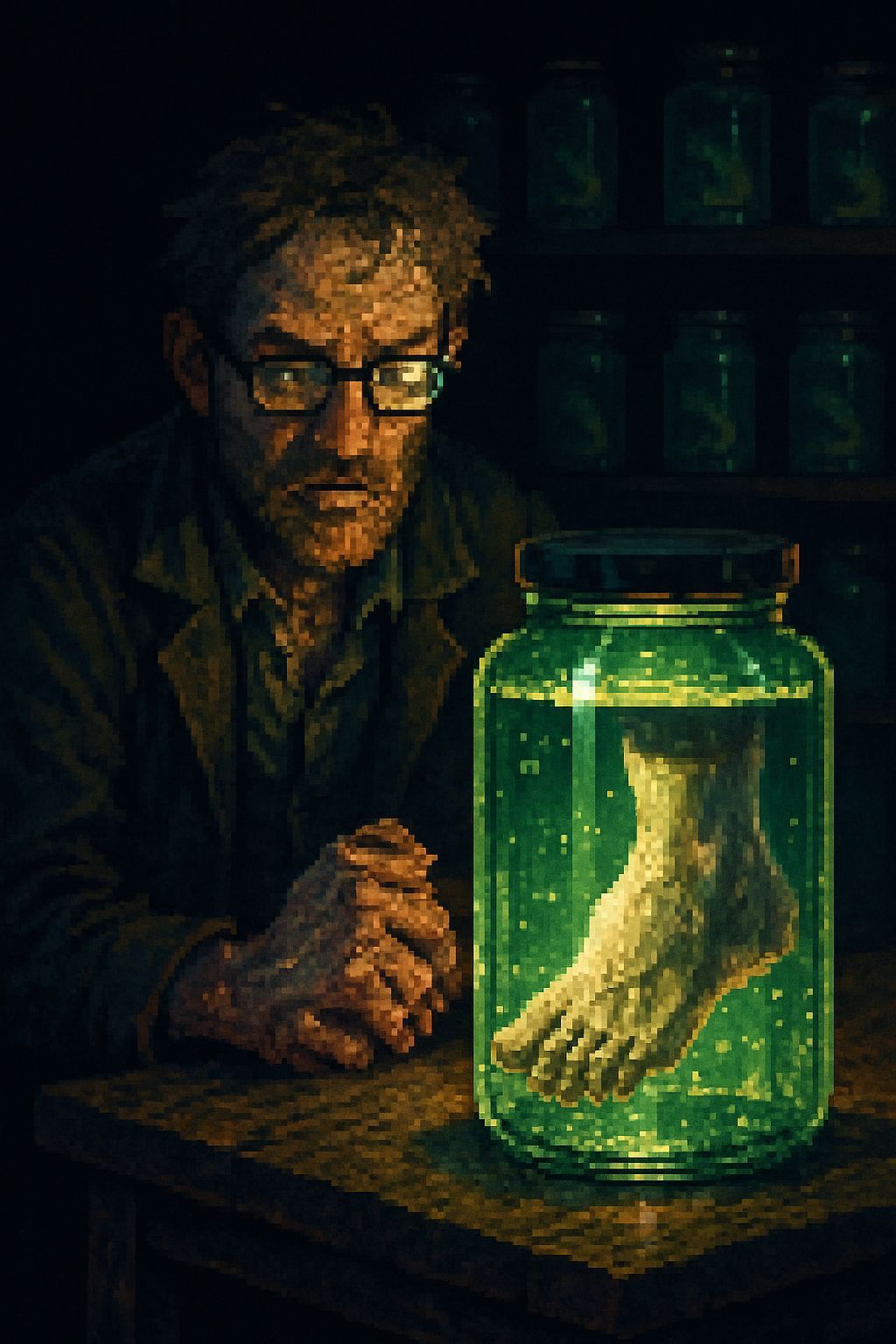 Pixel Art: Man Contemplates Foot in Jar