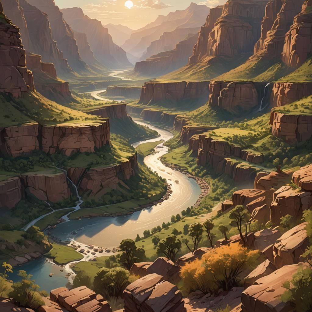 Canyon River Landscape Art in Vivid Naturalism