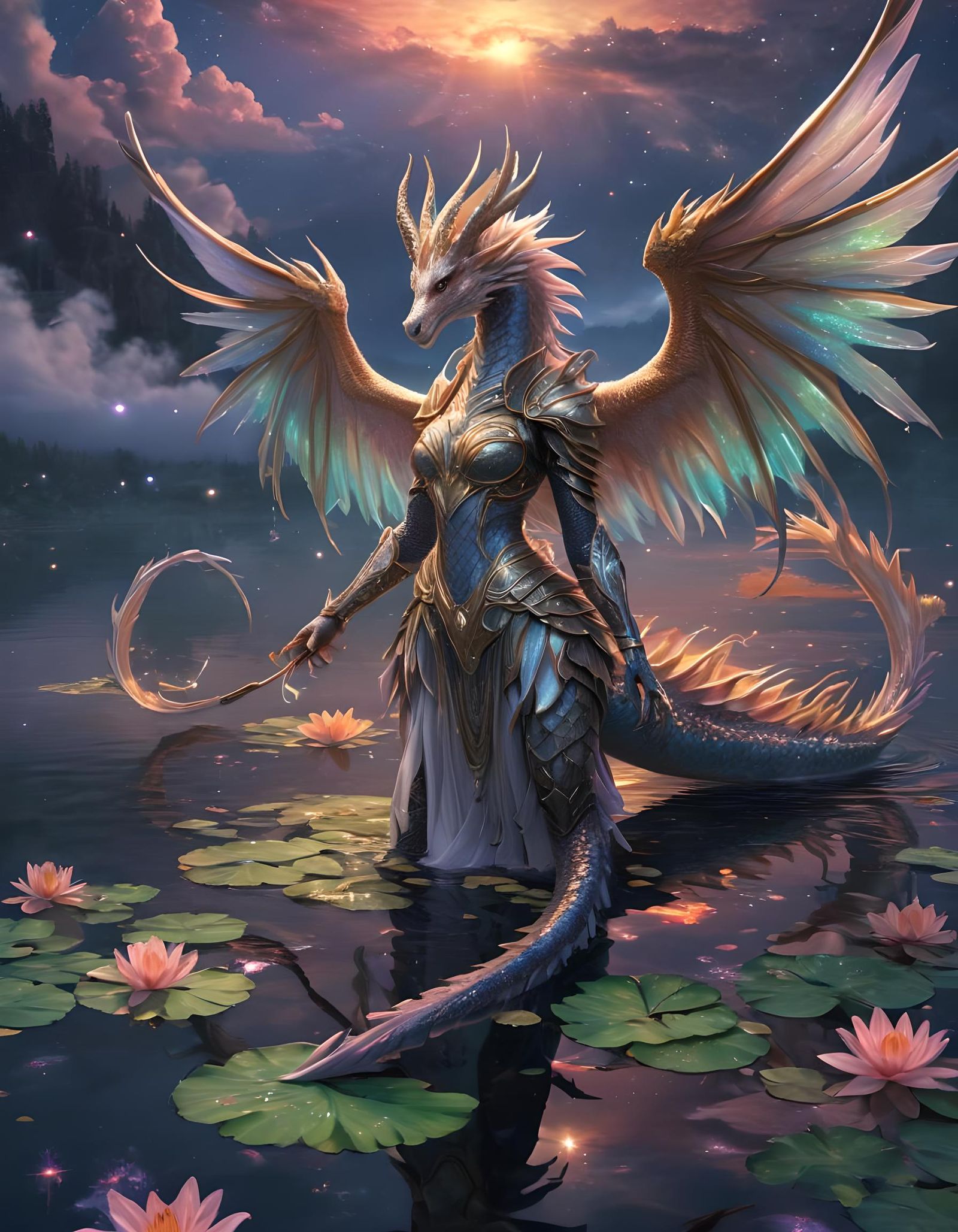 Dragon Woman in Ethereal Fantasy Landscape