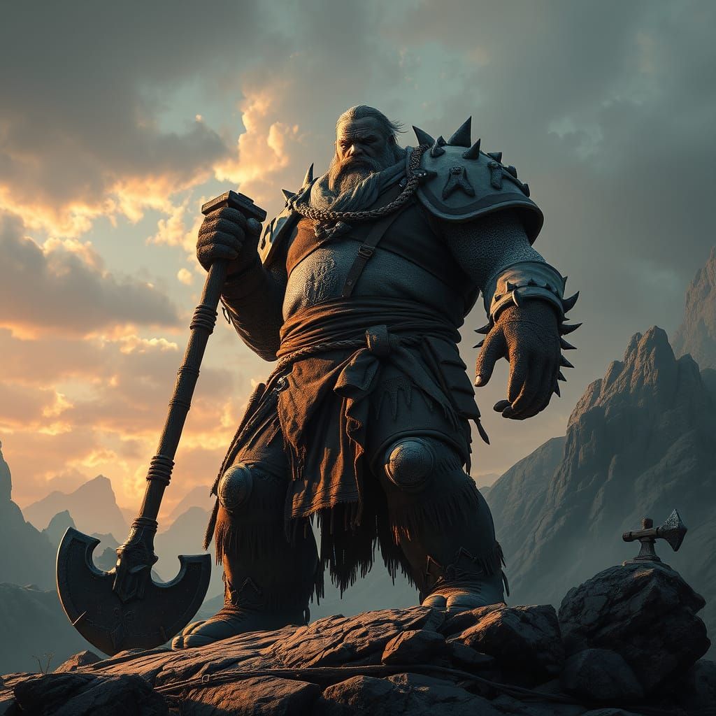 Giant Hero Wields Pickaxe in Epic Fantasy Landscape