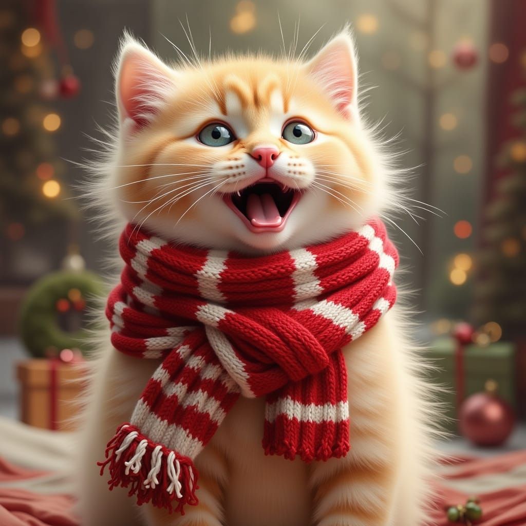 Adorable Kitten in Red and White Scarf, Surreal Digital Pain...