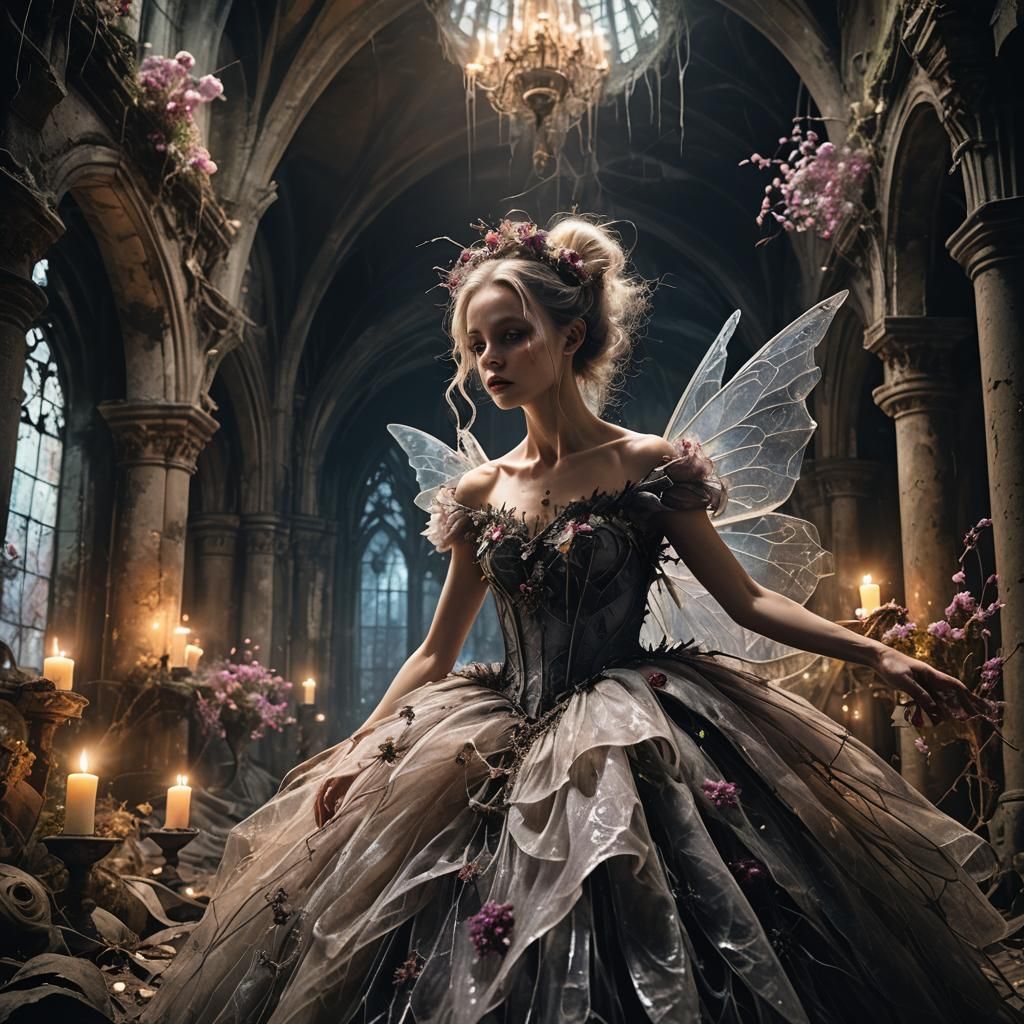 Dark Surrealism: Sugar Plum Fairy in Abandoned Cathedral