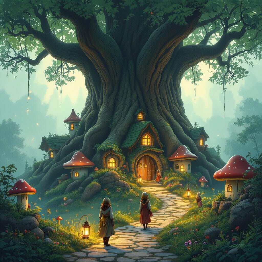 Enchanted Village in Ancient Tree Roots