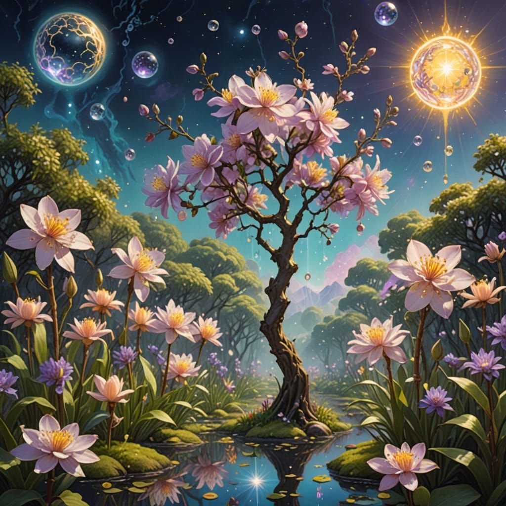 Surreal Walking Stick with Almond Blossoms in Hyperrealism