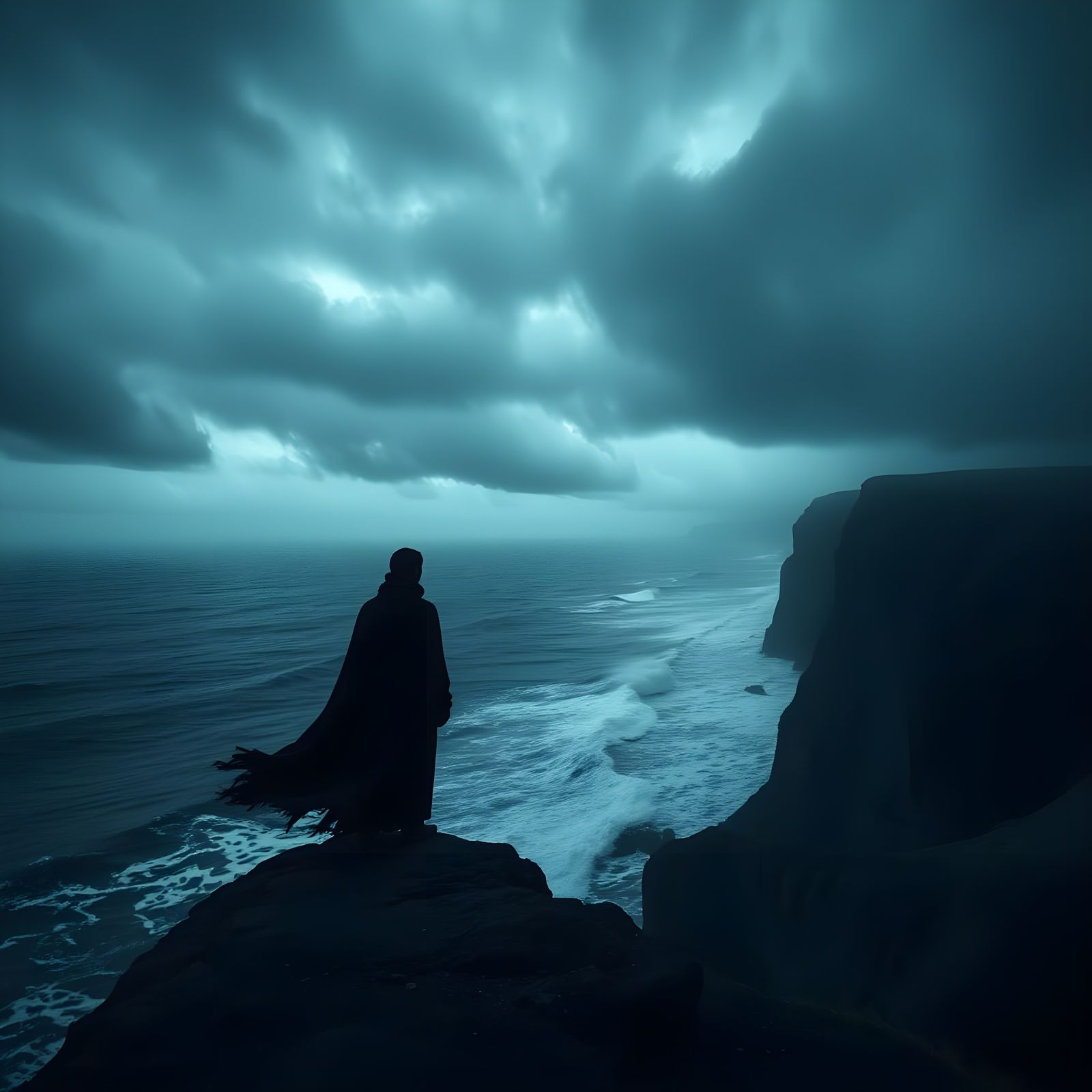 Monochromatic Figure on Windswept Cliff in Film Noir