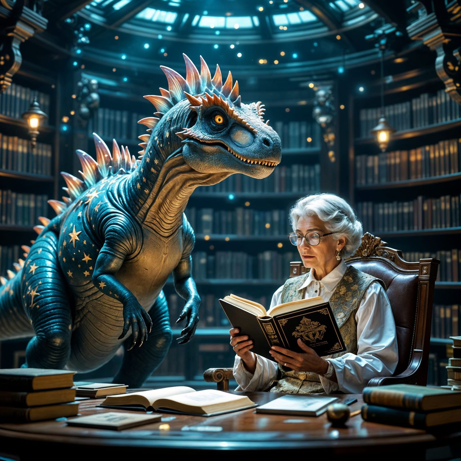Celestial Dinosaur Guards Zero-Gravity Library in Modern Fan...