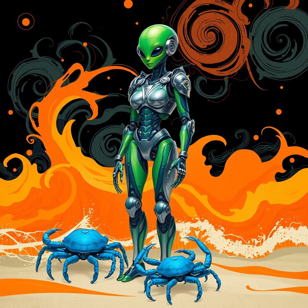 Robotic Alien Lady on Tropical Beach in Sci-Fi Style