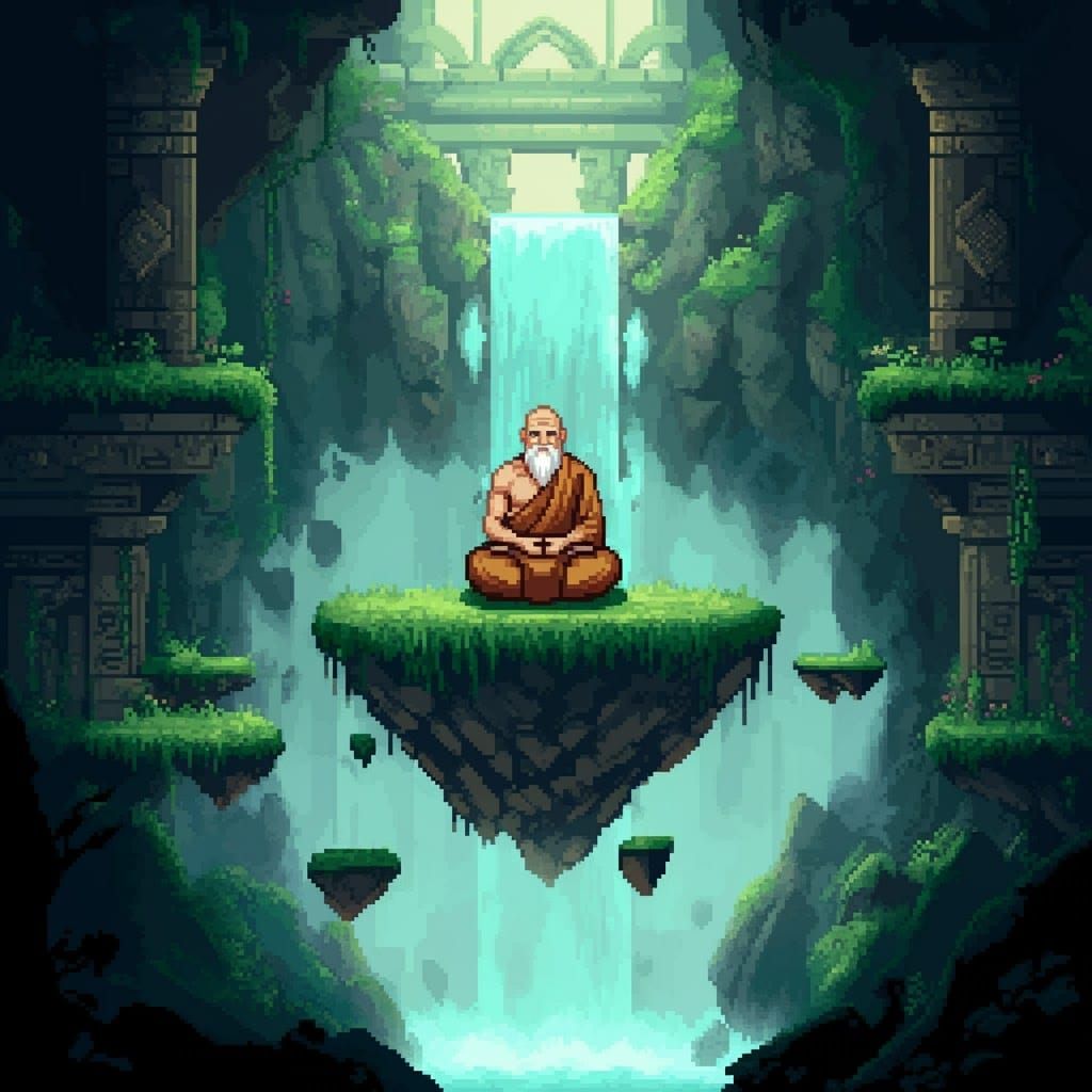 Wise Monk Meditating in 8-bit Pixel Art