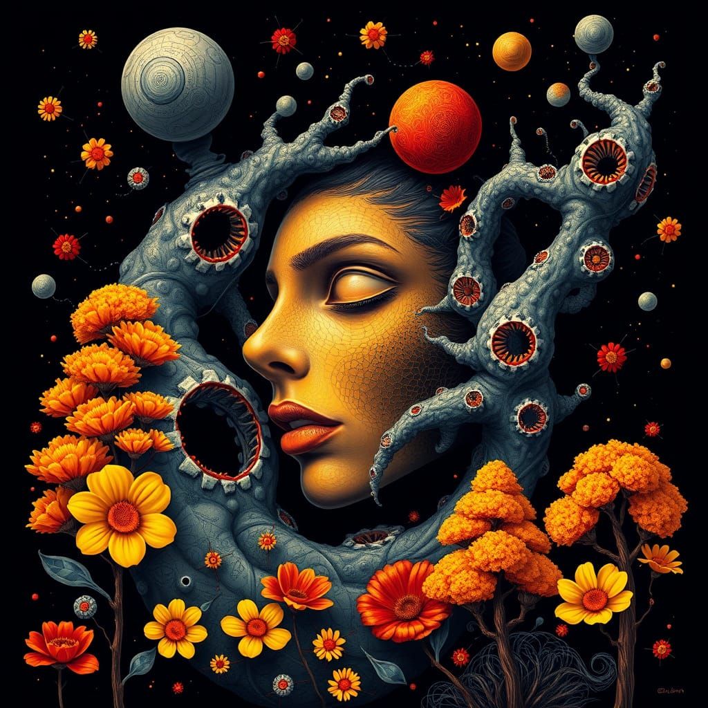 Surreal Molecular Face in Abstract Vector Style