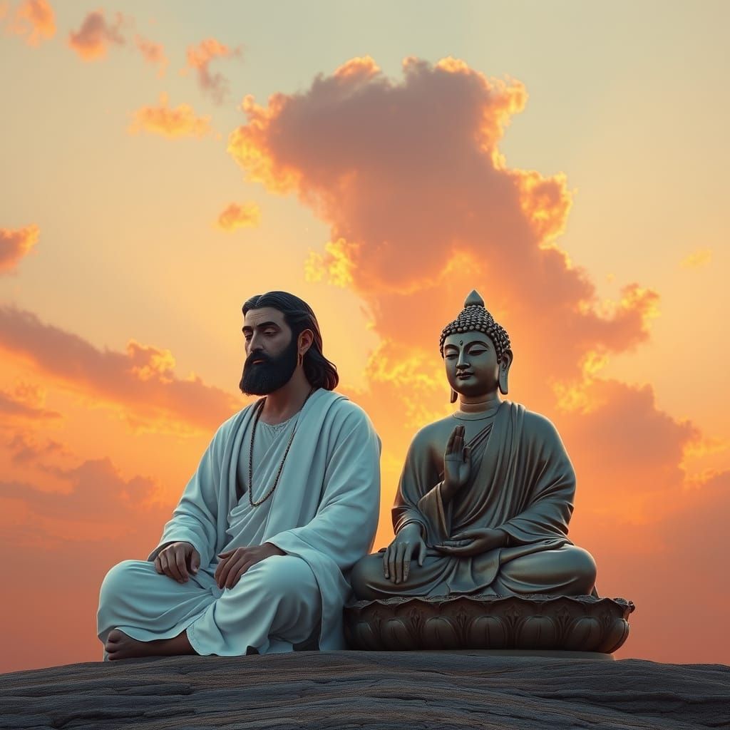 Mystical Figures in a Realistic Sunset Landscape