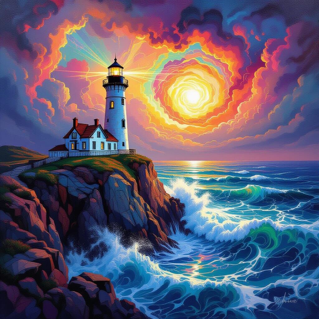 Psychedelic Lighthouse on Jagged Cliff: Surreal Painting