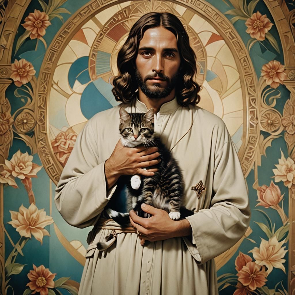 Jesus Holding Kitten in Art Deco Style