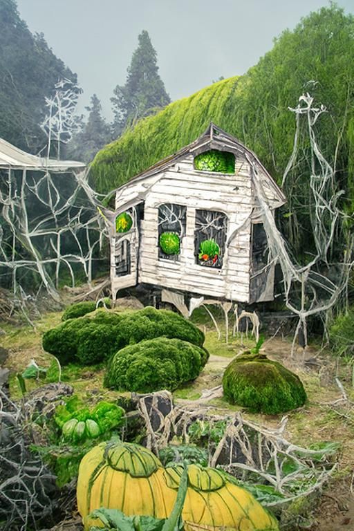 Spooky Moss Cottage and Pumpkin Patch Illustration