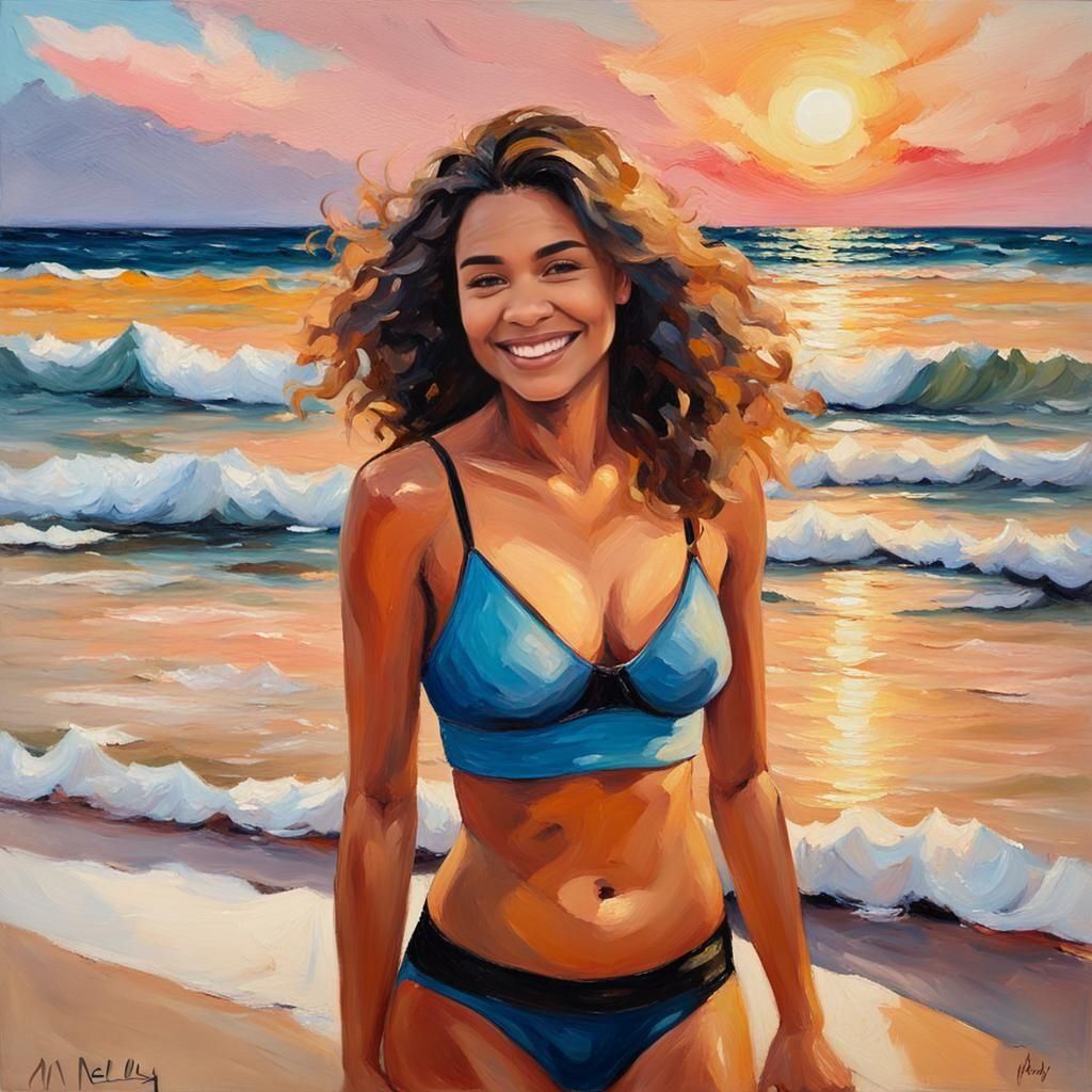 Woman Smiling on Beach at Sunrise