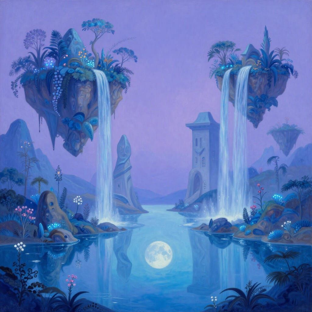 Surreal Blue Landscape with Floating Islands