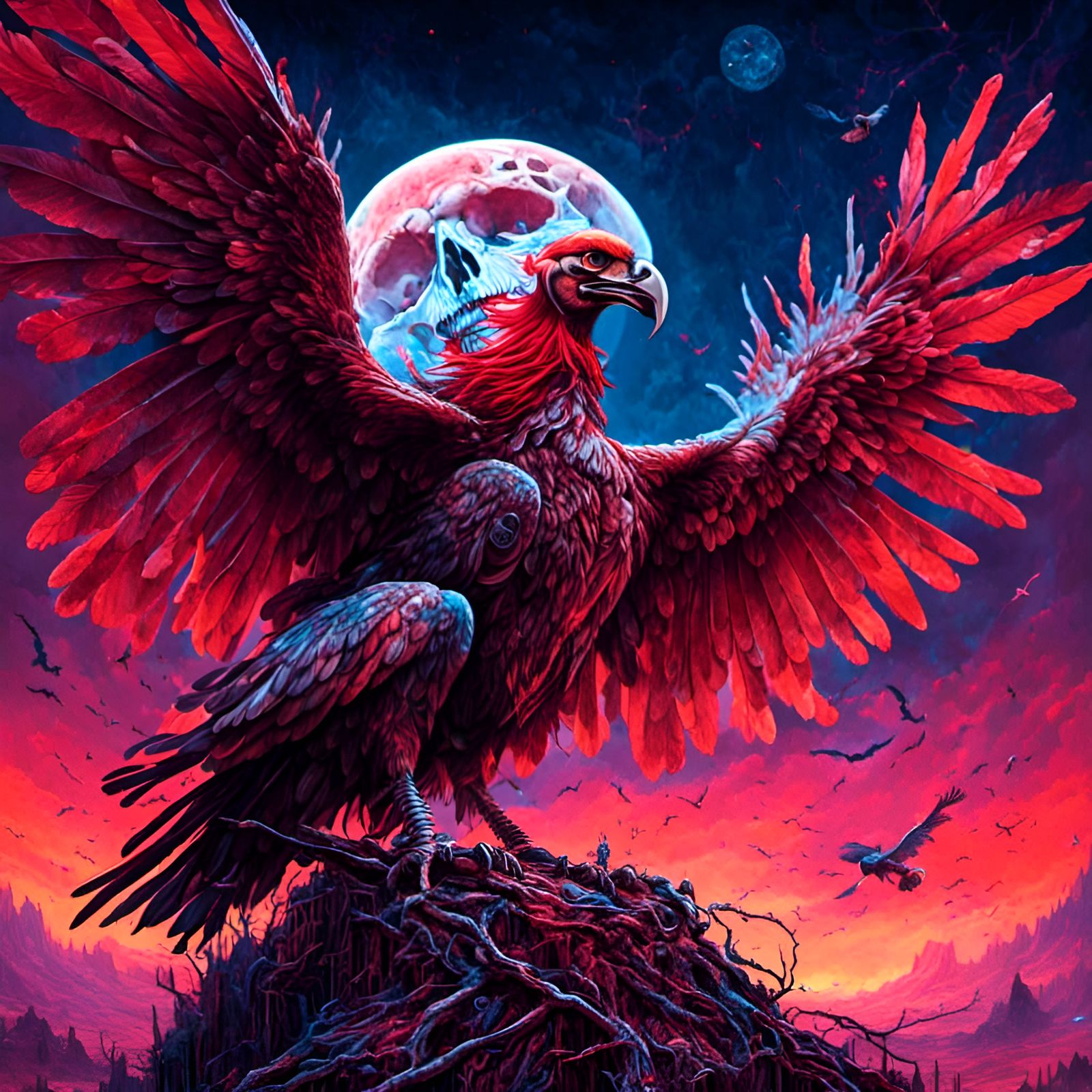 Vulture in Desert with Skull Moon, Graffiti Art