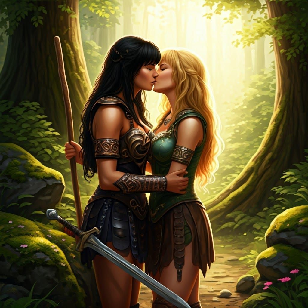 Tender Warriors' Kiss in Forest Sanctuary