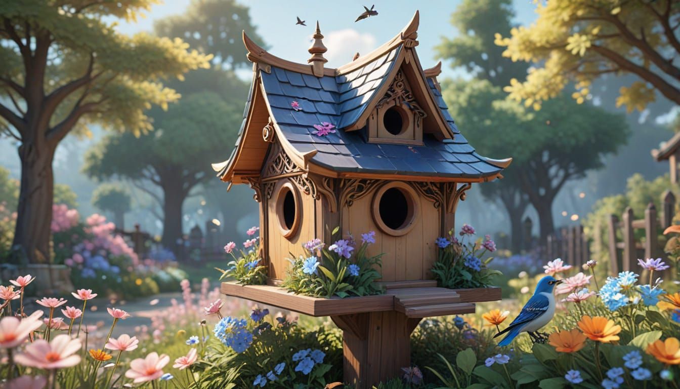 Anime Birdhouse in Garden, 3D Rendered Art