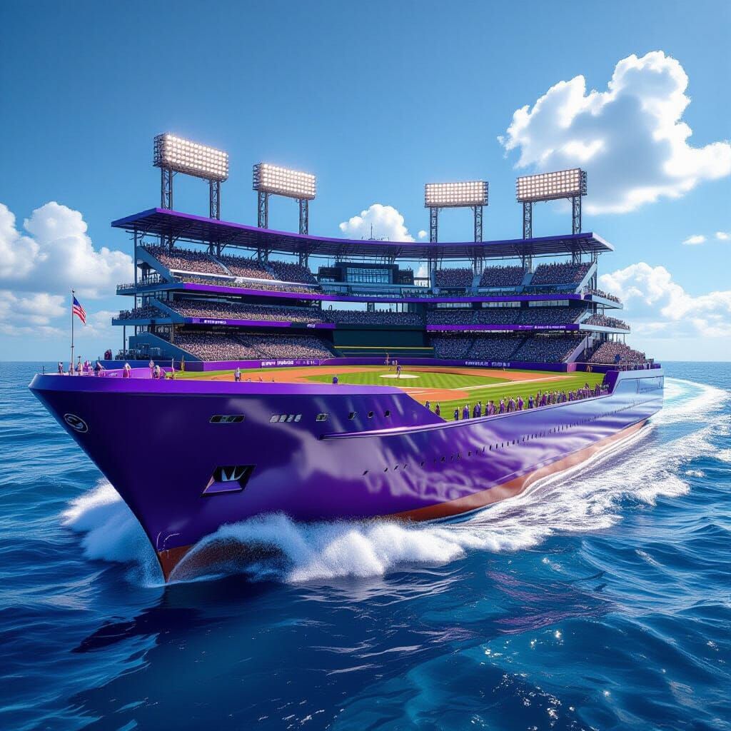 Giant Baseball Stadium Ship Sailing Azure Ocean