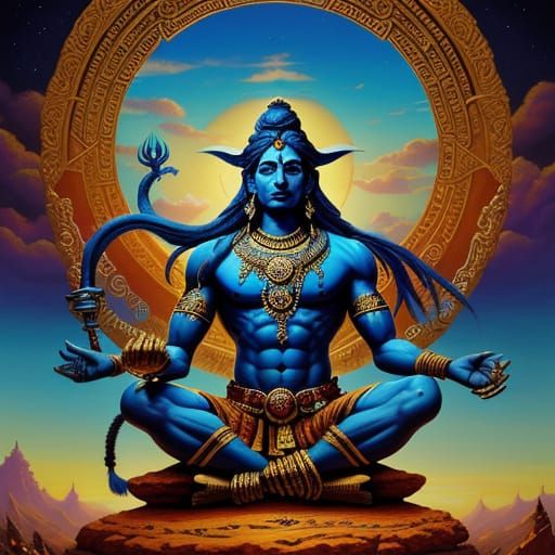 Shiva in Fantasy World: Vibrant Oil Painting