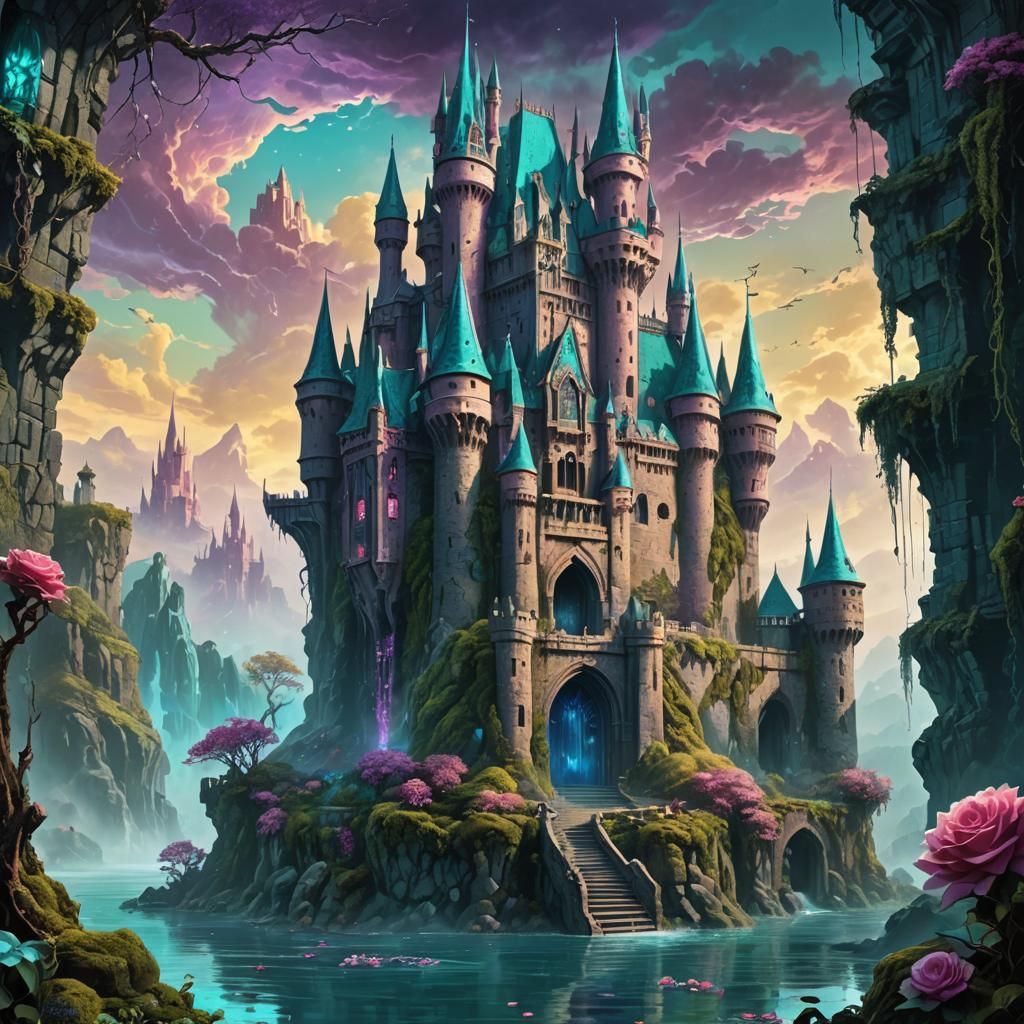 Mystical Teal and Rose Castle with Monster