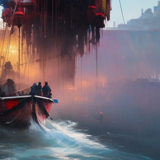 Cartoon Boat on River: Detailed Matte Painting