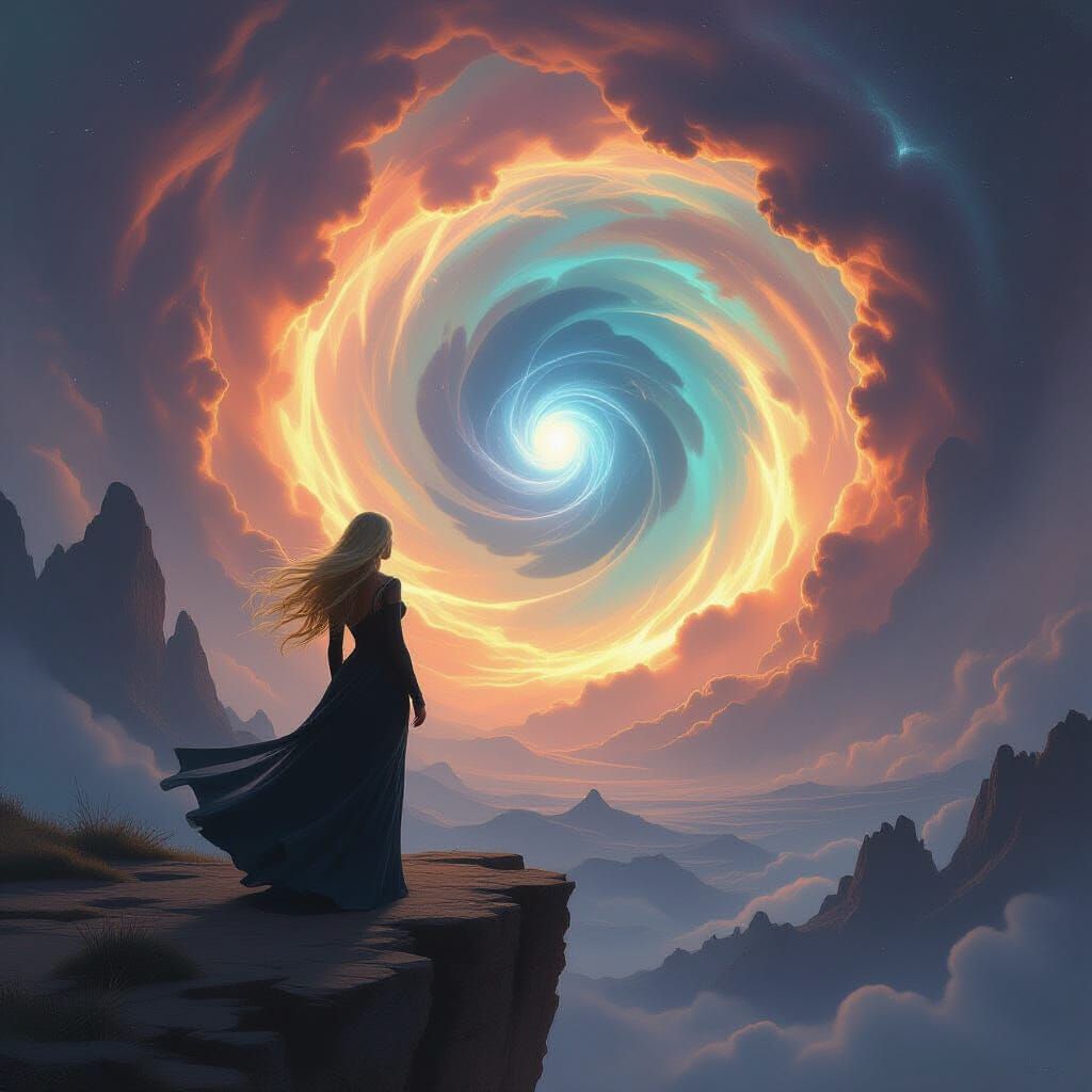 Woman Gazes at Cosmic Vortex in Ethereal Oil Painting Style