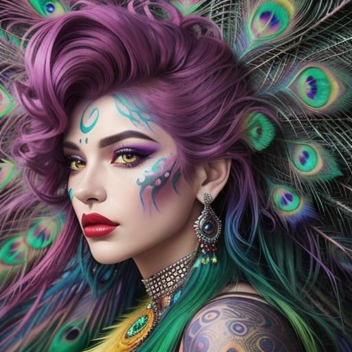 Abstract Woman Portrait with Peacock Feathers in Bohemian St...