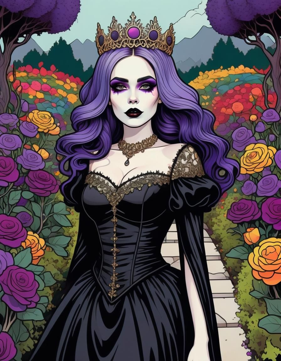 Goth Bride in Retro Cartoon Garden Illustration