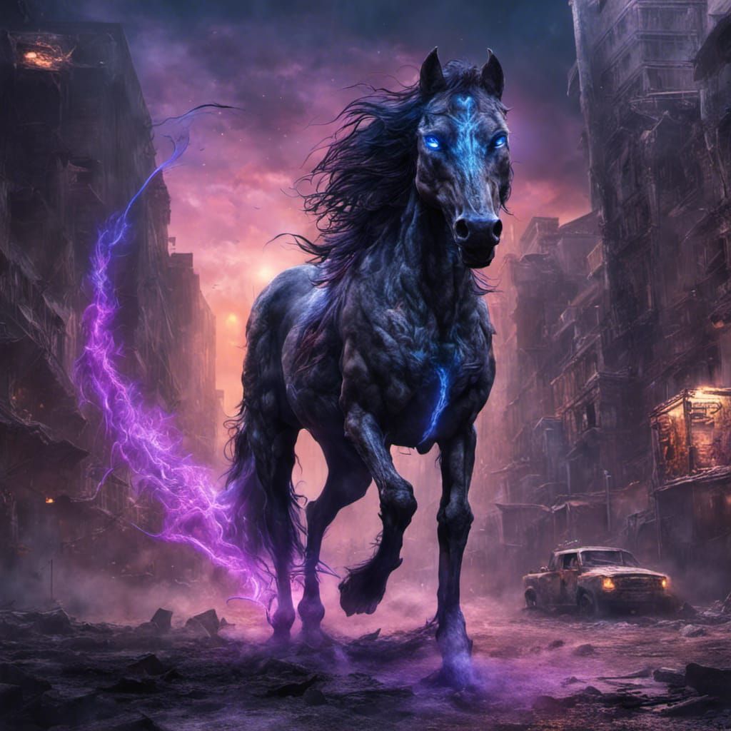 Demonic Wolf-Horse with Flaming Mane in Apocalyptic City