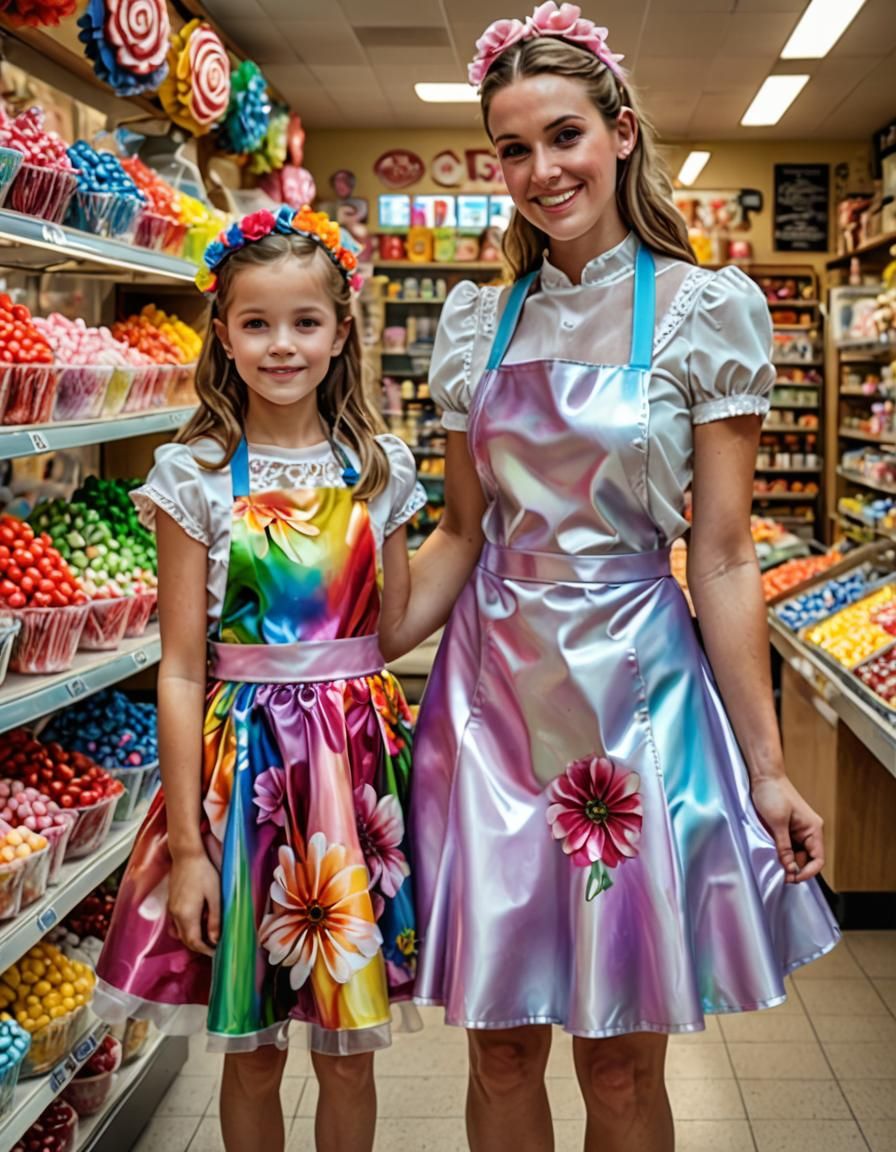 Matching See-Through Dresses in Candy Store, Photo-Realistic