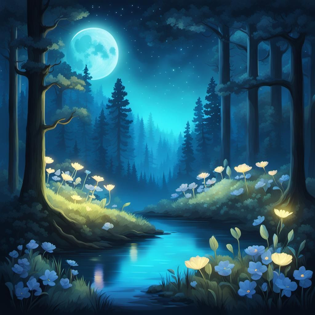 Moonlit Forest with Bioluminescent Glow