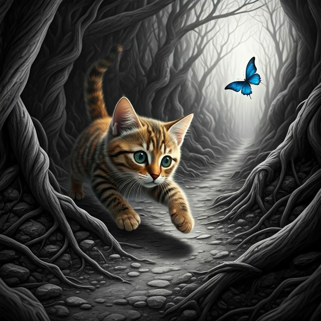 Tortoiseshell Kitten Chasing Butterfly in Monochrome Landsca...