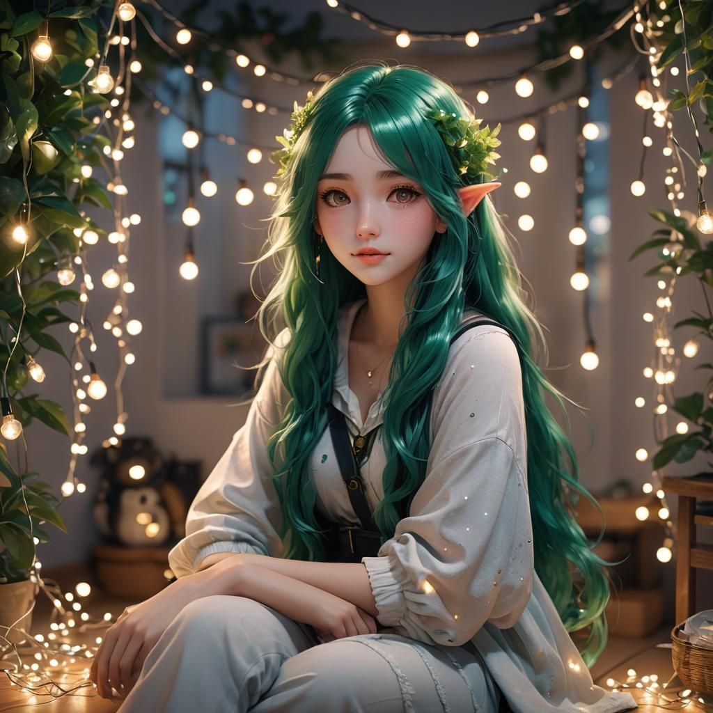 Anime Girl with Emerald Hair Under Fairy Lights