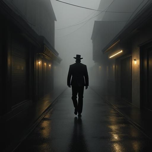 Charismatic Man in Misty Alleyway: Film Noir Aesthetic