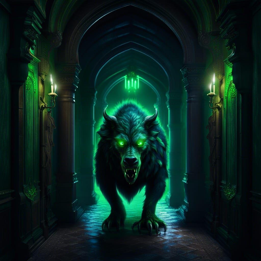 Gothic Castle Corridor with Shadow Beast