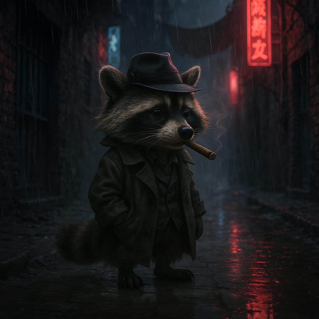 Noir Raccoon Detective in Rainy Alley