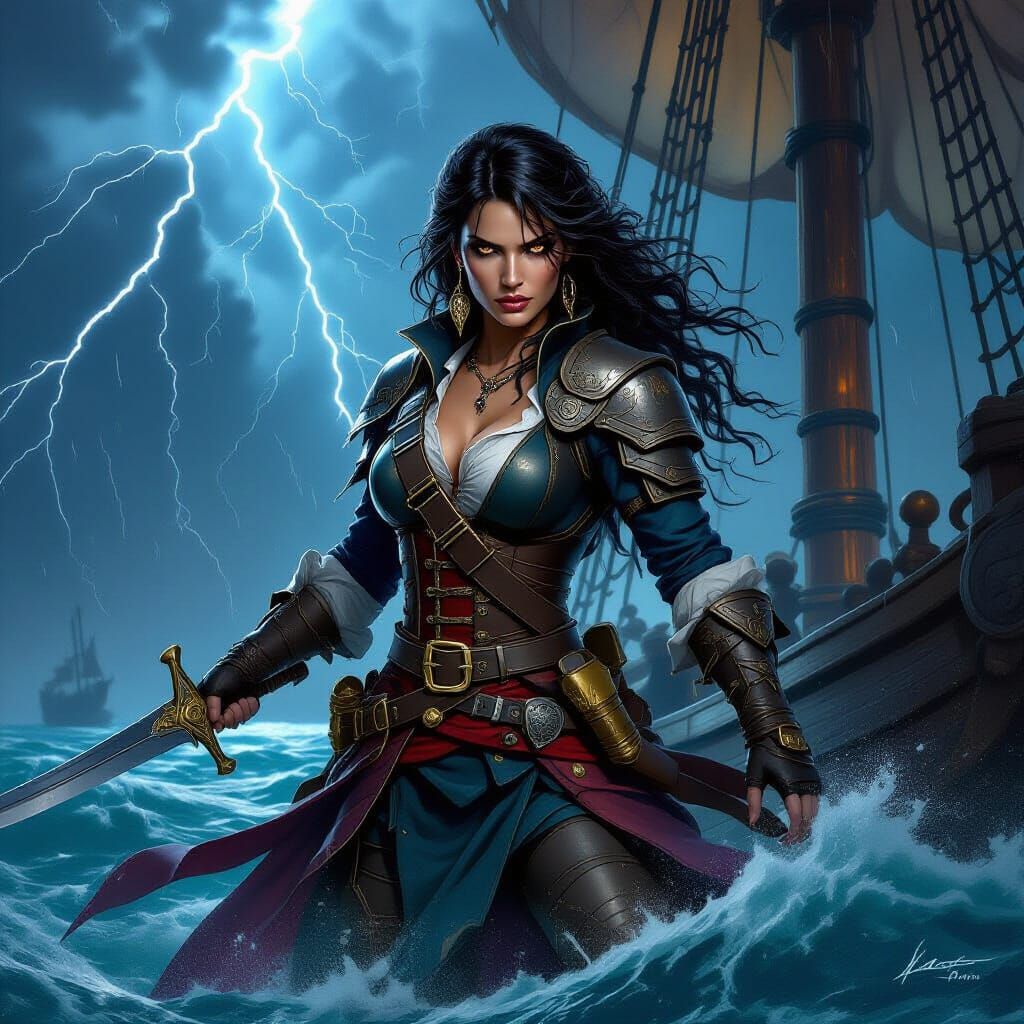 Fierce Pirate Woman on Stormy Seas in Dark Fantasy Style