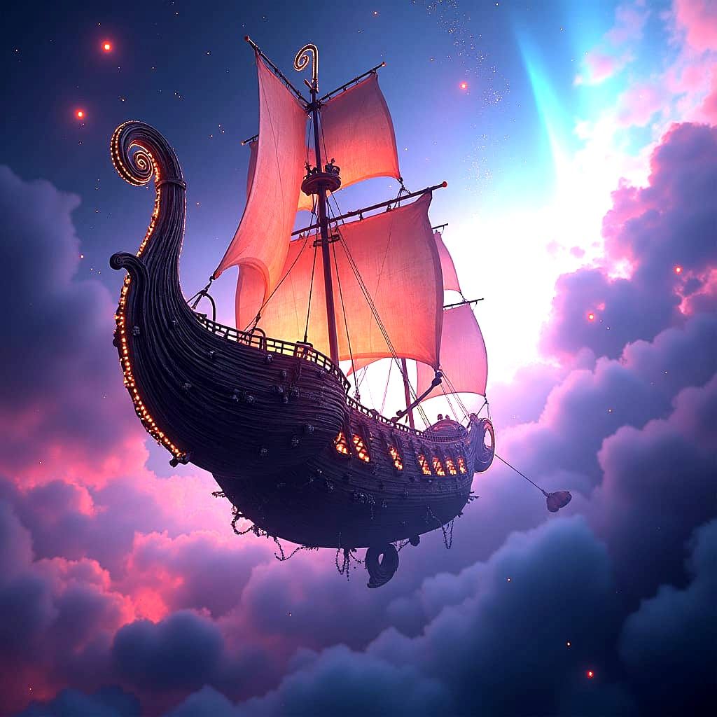 Cosmic Sailing Vessel in Detailed Matte Painting