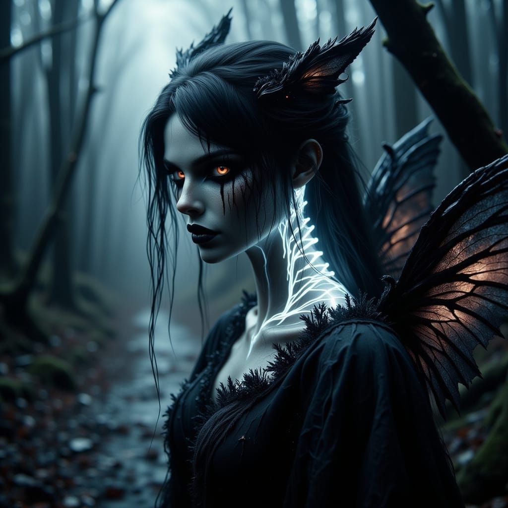 Dark Fairy with Glowing Skeletal Neck in Misty Forest