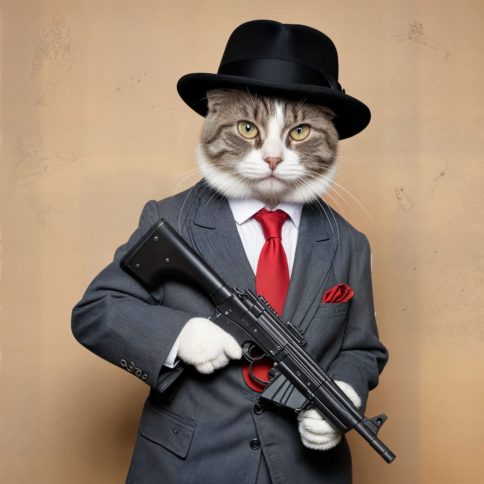 Gangster Cat with Tommy Gun in 1950s Style