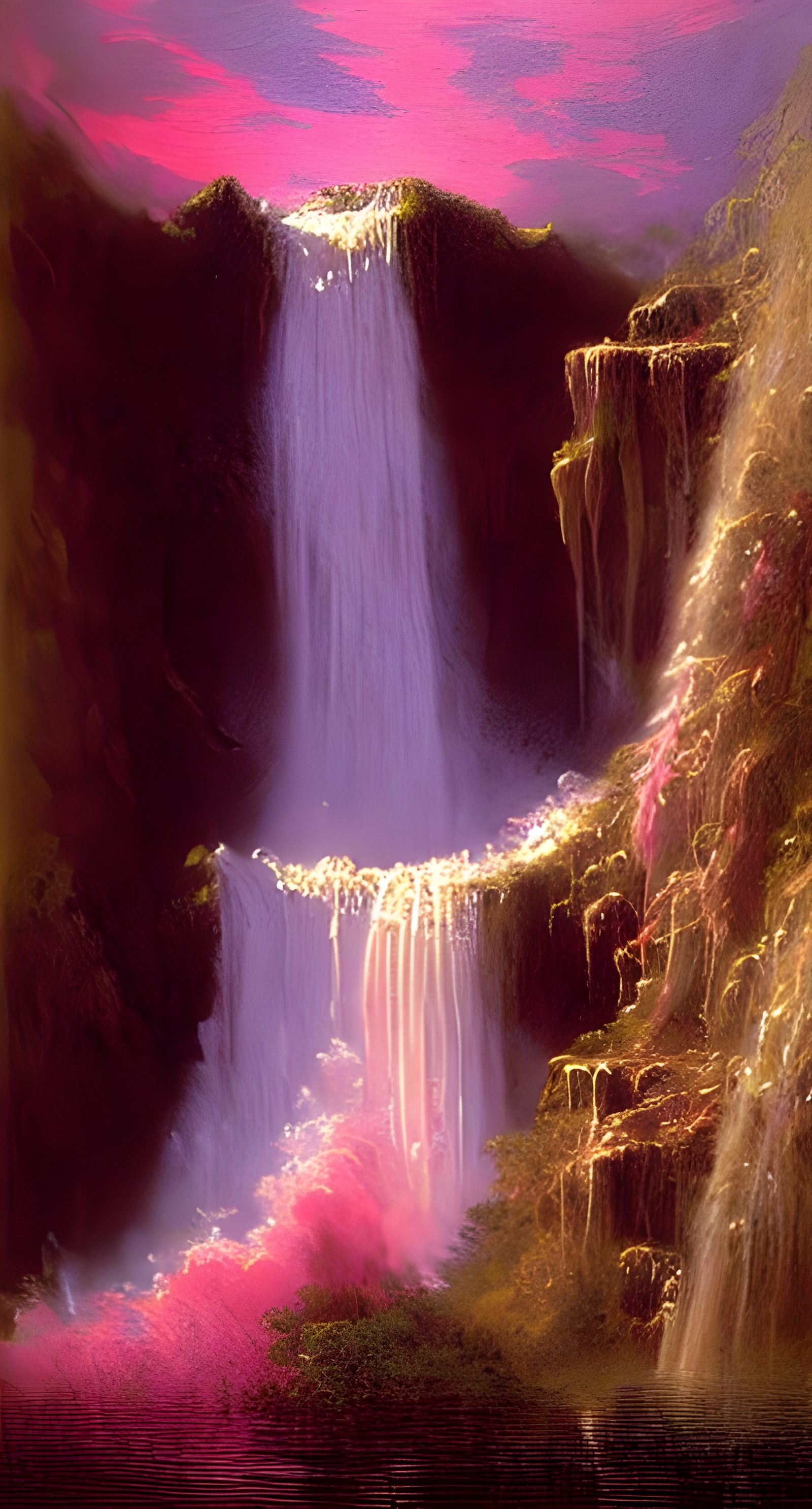 Waterfall Under Pink Sky Oil Painting